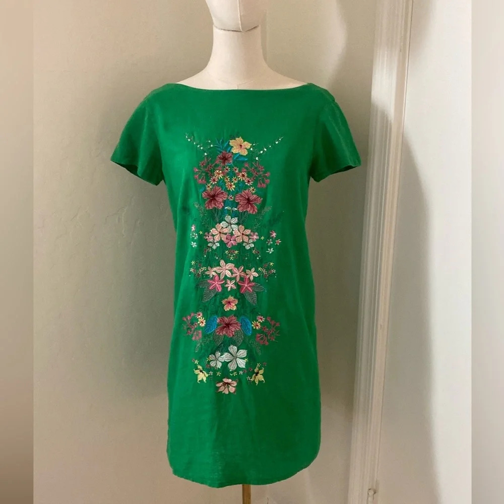 FARM Rio Kelly Green Embroidered Shift Dress - size P (small)